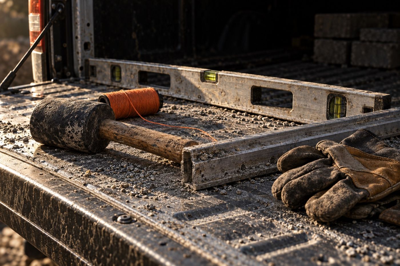 Well-used hardscape tools on a truck tailgate